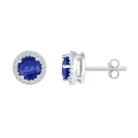 Load image into Gallery viewer, Sterling Silver Womens Round Lab-Created Blue Sapphire Stud Earrings 1-1/2 Cttw
