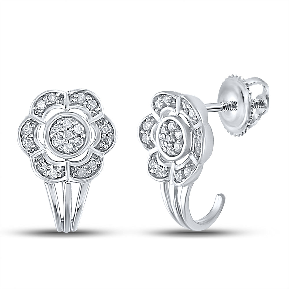 Sterling Silver Womens Round Diamond Flower Hoop Earrings 1/8 Cttw