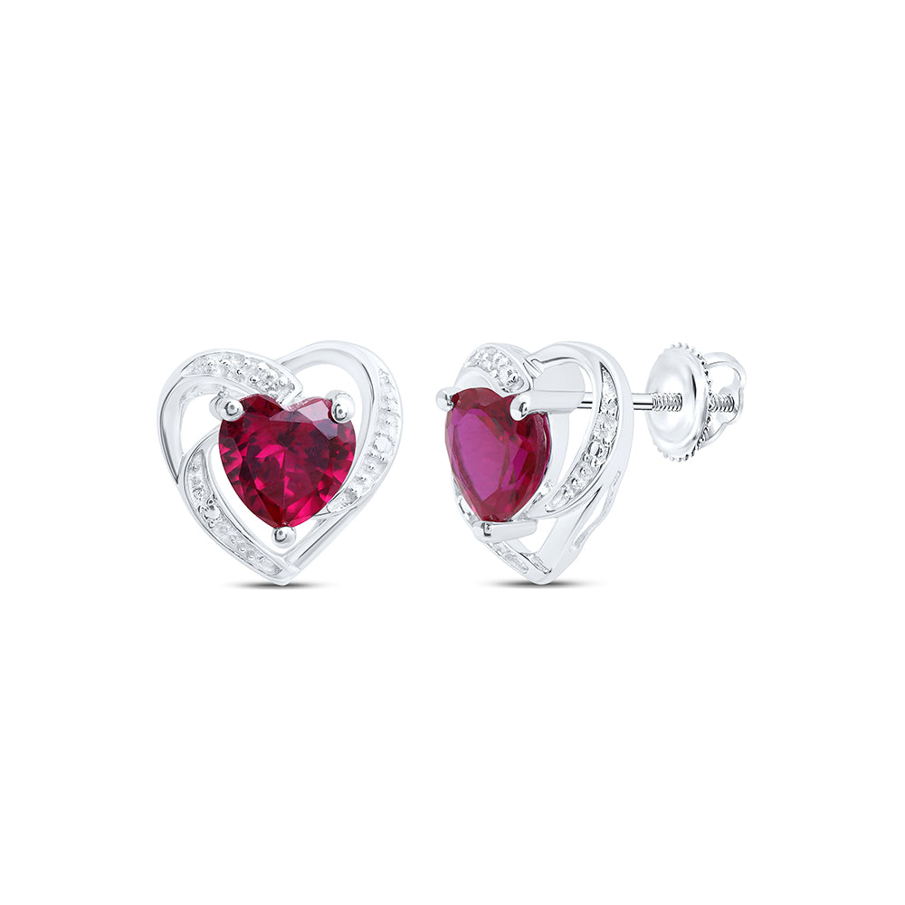 Sterling Silver Womens Round Lab-Created Ruby Diamond Heart Stud Earrings 2-1/5 Cttw
