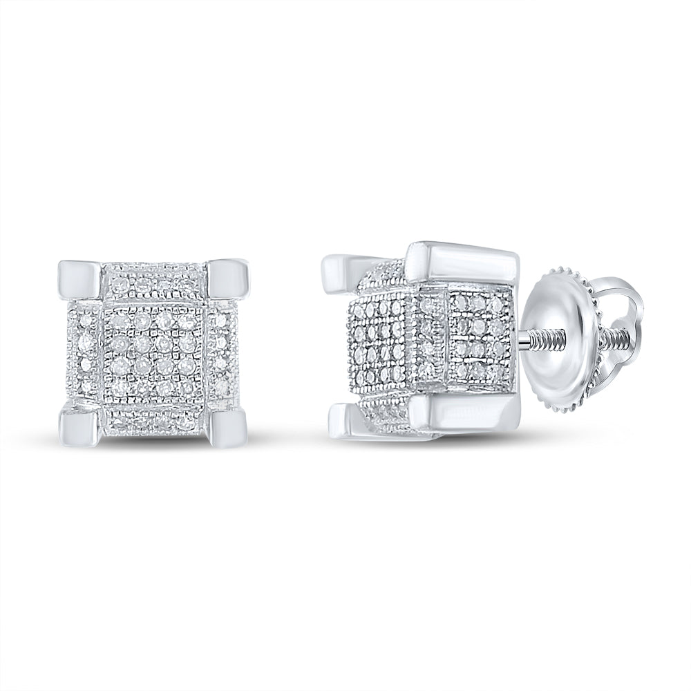 Sterling Silver Mens Round Diamond 3D Square Cluster Stud Earrings 1/2 Cttw