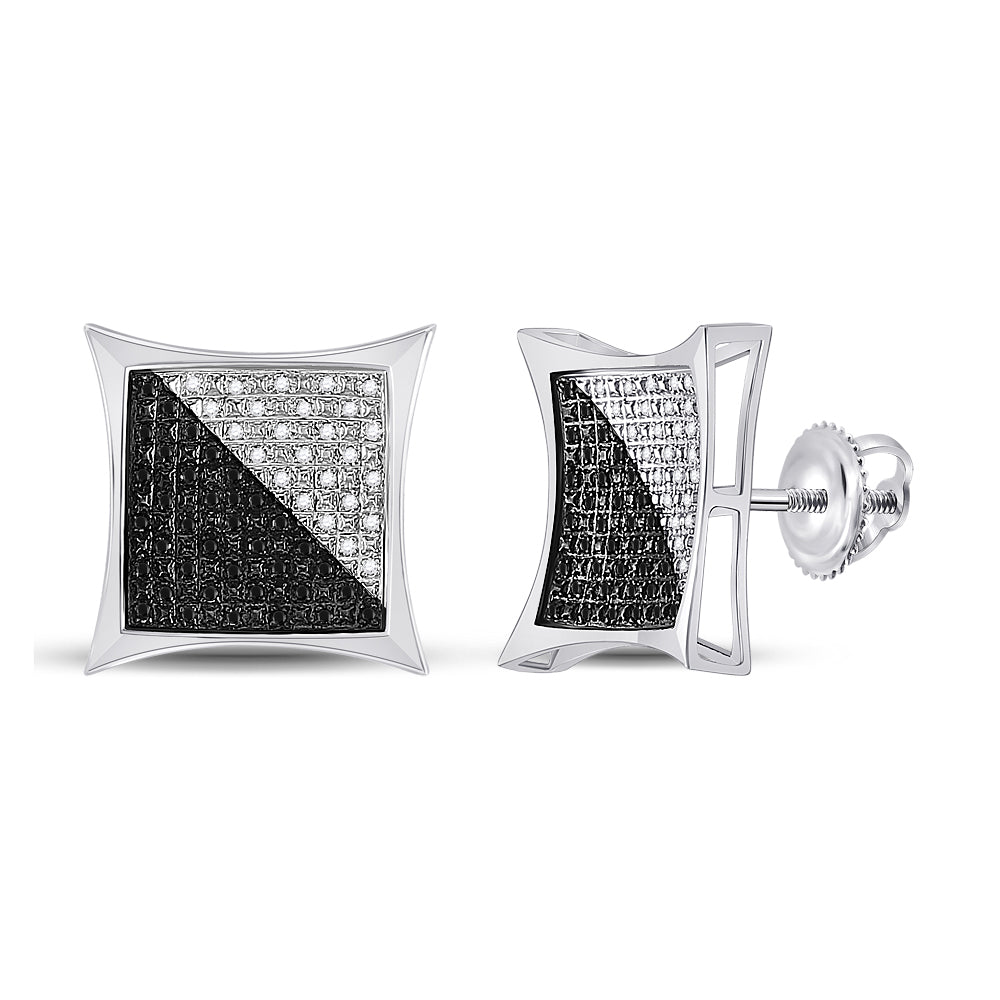 Sterling Silver Mens Round Black Color Enhanced Diamond Square Earrings 1/3 Cttw