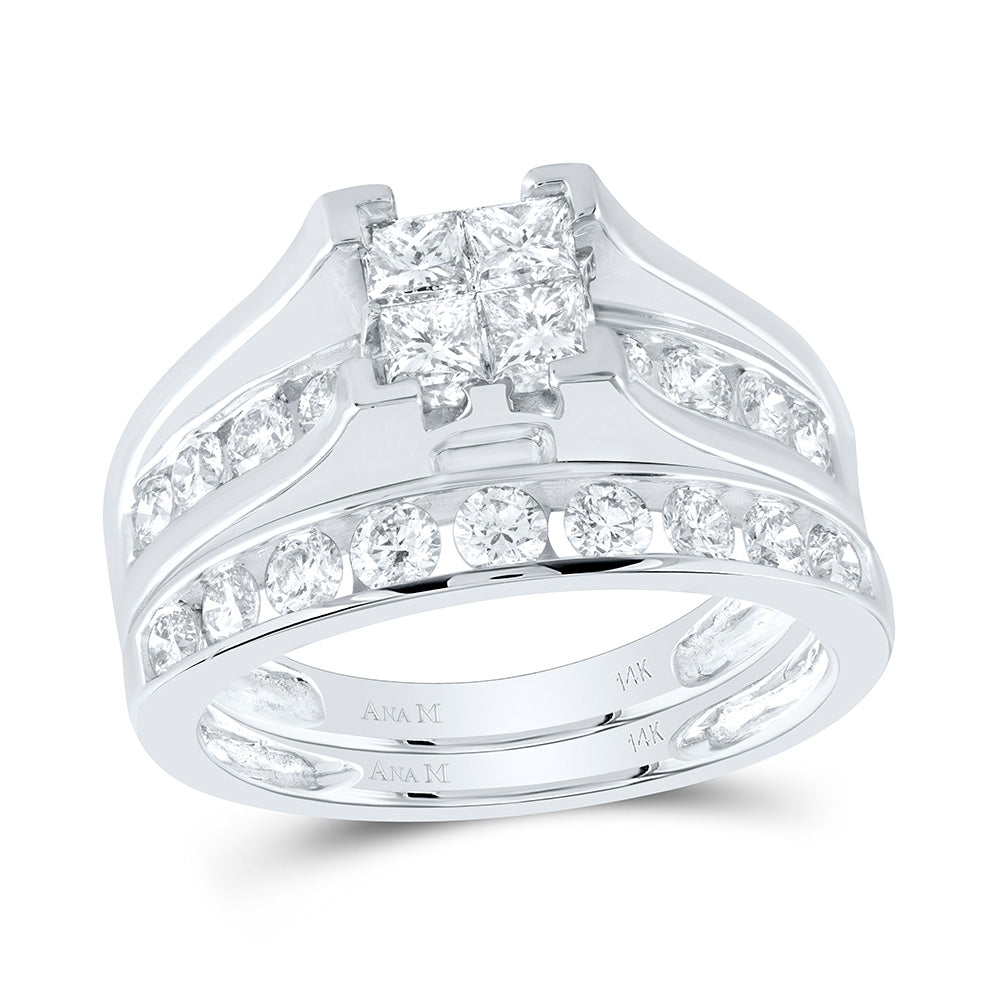 14kt White Gold Womens Princess Diamond Bridal Wedding Engagement Ring Band Set 1-1/2 Cttw
