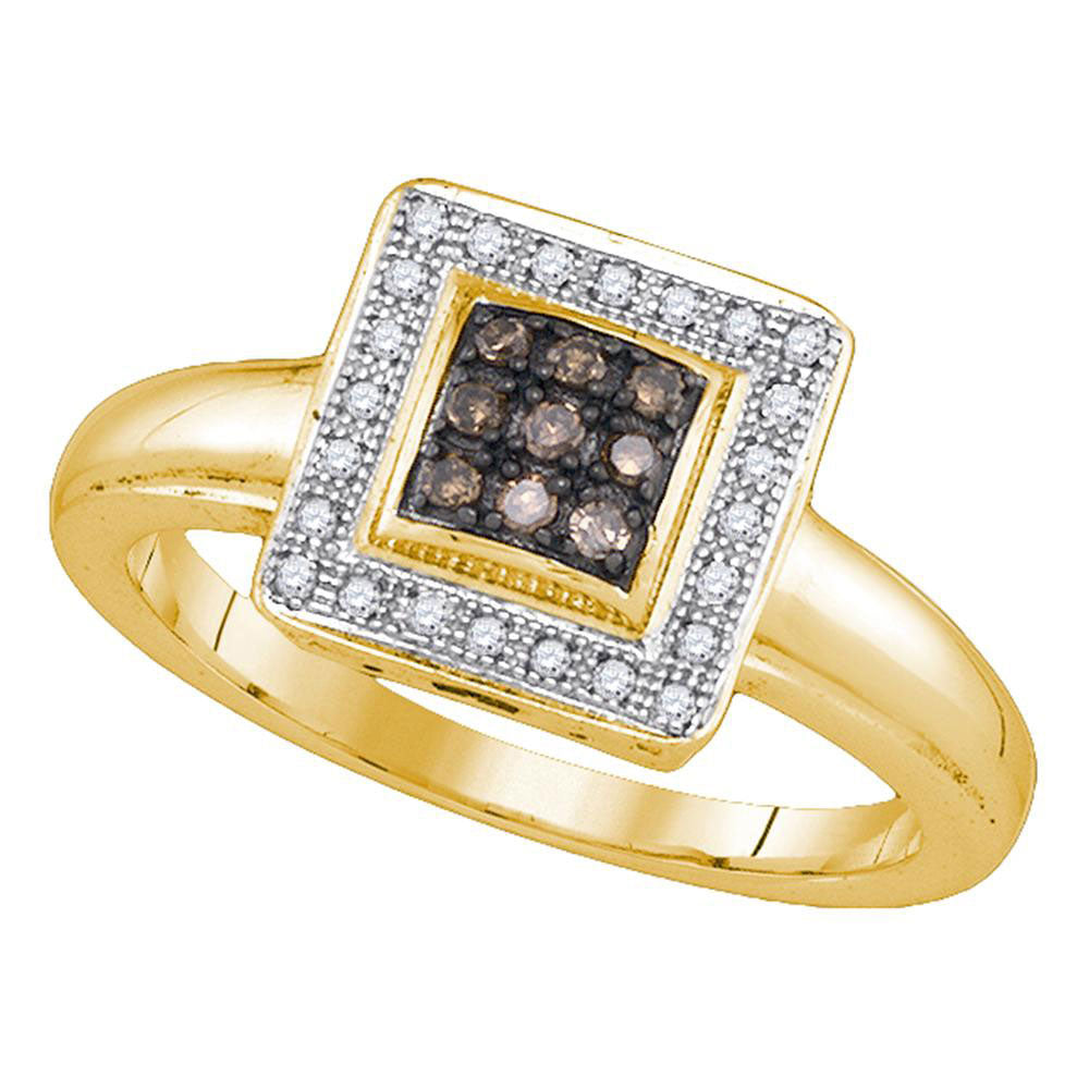 Yellow-tone Sterling Silver Womens Round Brown Diamond Cluster Ring 1/6 Cttw