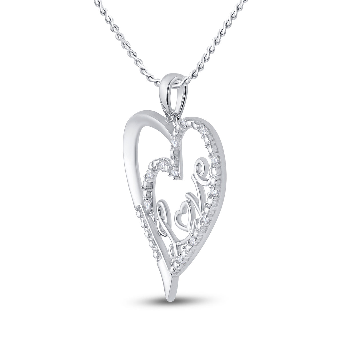 Sterling Silver Womens Round Diamond Double Heart Pendant 1/10 Cttw