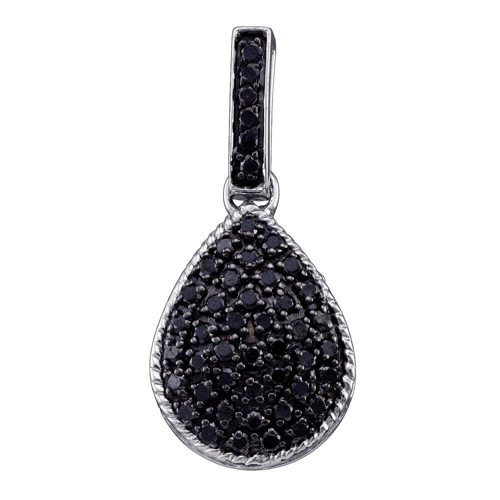 Sterling Silver Black Color Enhanced Round Diamond Womens Dangling Teardrop Cluster Pendant 3/4 Cttw