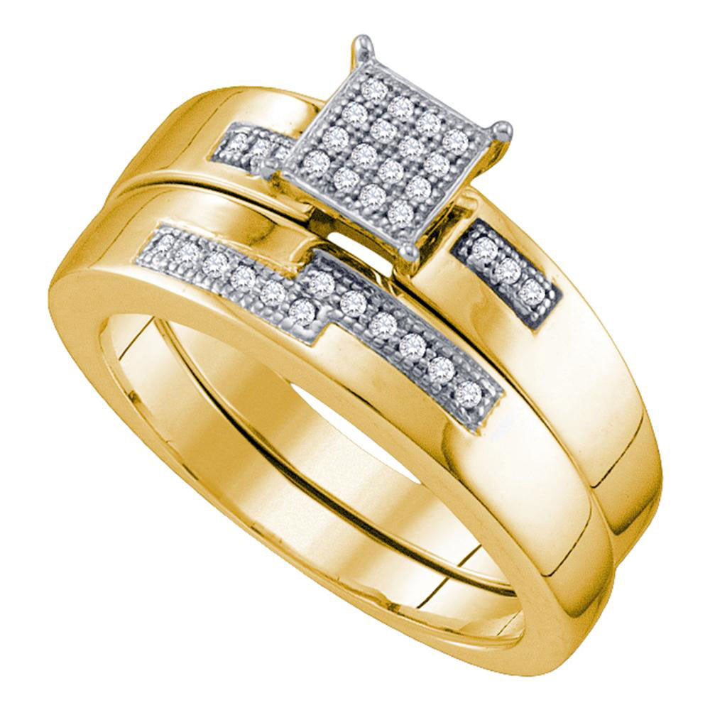 Yellow-Tone Sterling Silver Womens Round Diamond Cluster Bridal Wedding Engagement Ring Band Set 1/10 Cttw