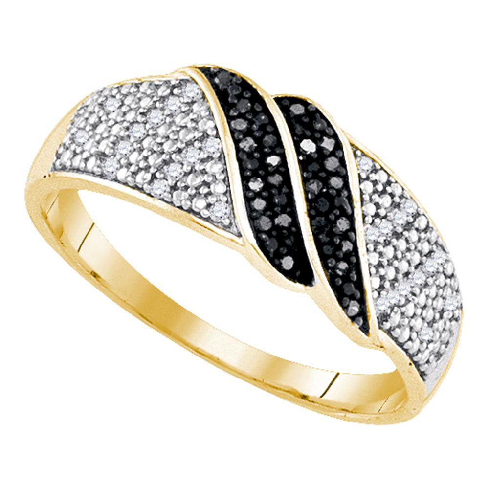 Yellow-tone Sterling Silver Womens Round Black Color Enhanced Diamond Double Stripe Band 1/6 Cttw