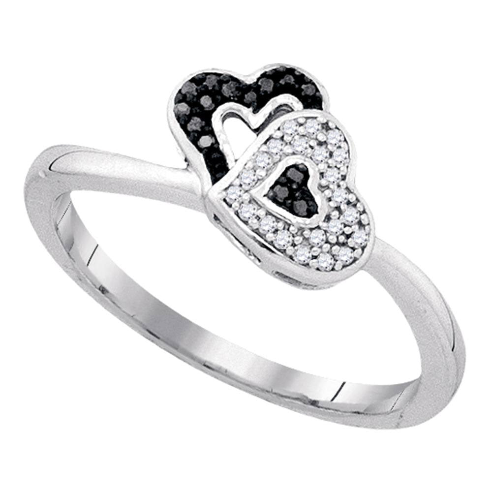 Sterling Silver Womens Round Black Color Enhanced Diamond Double Heart Ring 1/12 Cttw