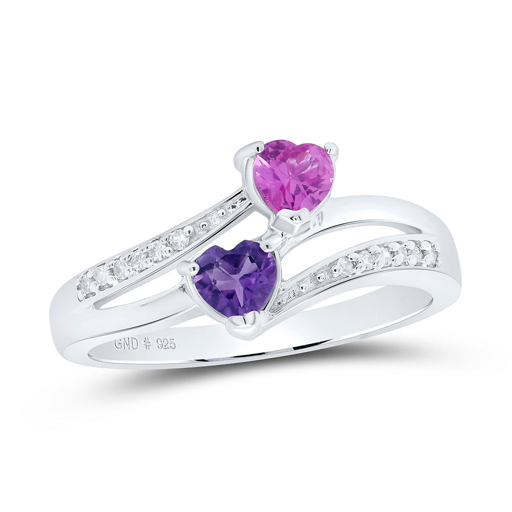 Sterling Silver Womens Heart Lab-Created Amethyst Pink Sapphire Bypass Ring 3/4 Cttw