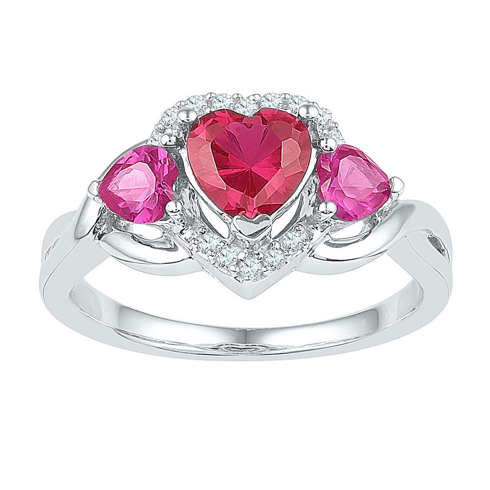 Sterling Silver Womens Heart Lab-Created Ruby Heart Three-stone Ring 1-7/8 Cttw