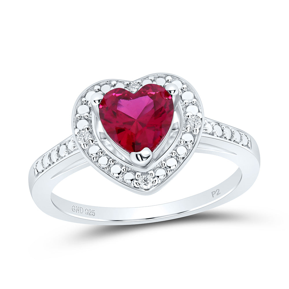 Sterling Silver Womens Round Lab-Created Ruby Heart Diamond Ring 1.00 Cttw