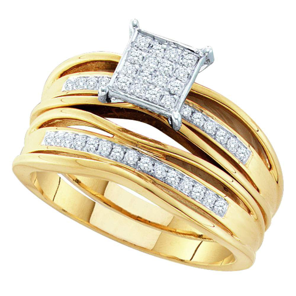 Yellow-tone Sterling Silver His Hers Round Diamond Cluster Matching Bridal Wedding Ring Band Set 1/3 Cttw