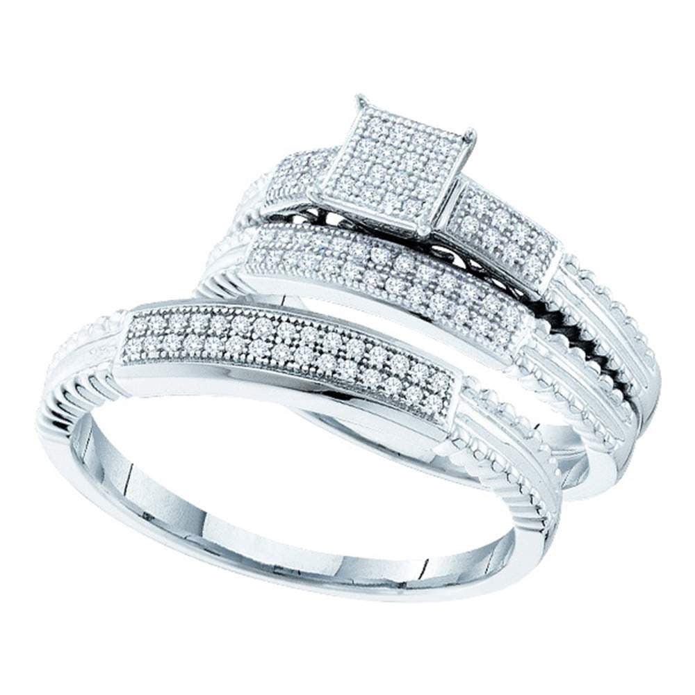 Sterling Silver His Hers Round Diamond Square Matching Bridal Wedding Ring Band Set 1/4 Cttw