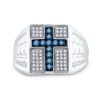 Load image into Gallery viewer, Sterling Silver Mens Round Blue Color Enhanced Diamond Cross Religious Ring 1/2 Cttw
