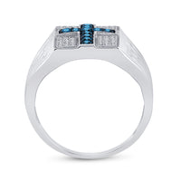 Load image into Gallery viewer, Sterling Silver Mens Round Blue Color Enhanced Diamond Cross Religious Ring 1/2 Cttw
