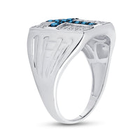 Load image into Gallery viewer, Sterling Silver Mens Round Blue Color Enhanced Diamond Cross Religious Ring 1/2 Cttw
