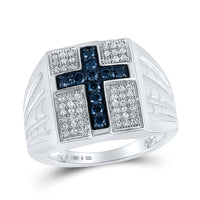 Load image into Gallery viewer, Sterling Silver Mens Round Blue Color Enhanced Diamond Cross Religious Ring 1/2 Cttw
