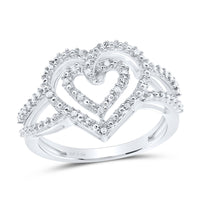 Load image into Gallery viewer, Sterling Silver Womens Round Diamond Nested Double Heart Ring 1/20 Cttw

