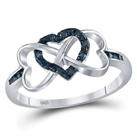 Load image into Gallery viewer, Sterling Silver Womens Round Color Enhanced Blue Diamond Triple Heart Infinity Ring 1/10 Cttw
