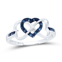 Load image into Gallery viewer, Sterling Silver Womens Round Color Enhanced Blue Diamond Triple Heart Infinity Ring 1/10 Cttw
