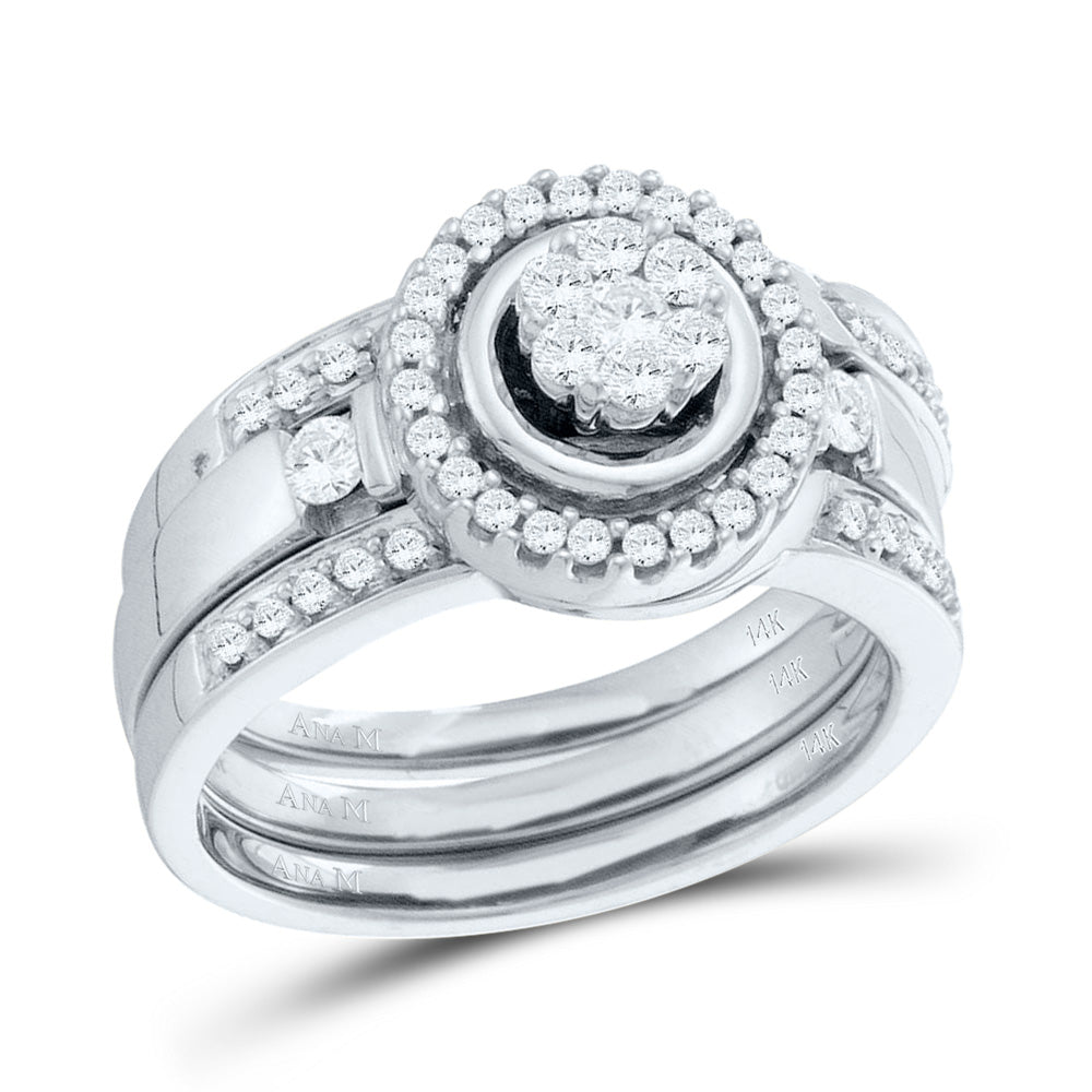 14kt White Gold Womens Diamond Cluster 3-Piece Bridal Wedding Engagement Ring Band Set 1/2 Cttw