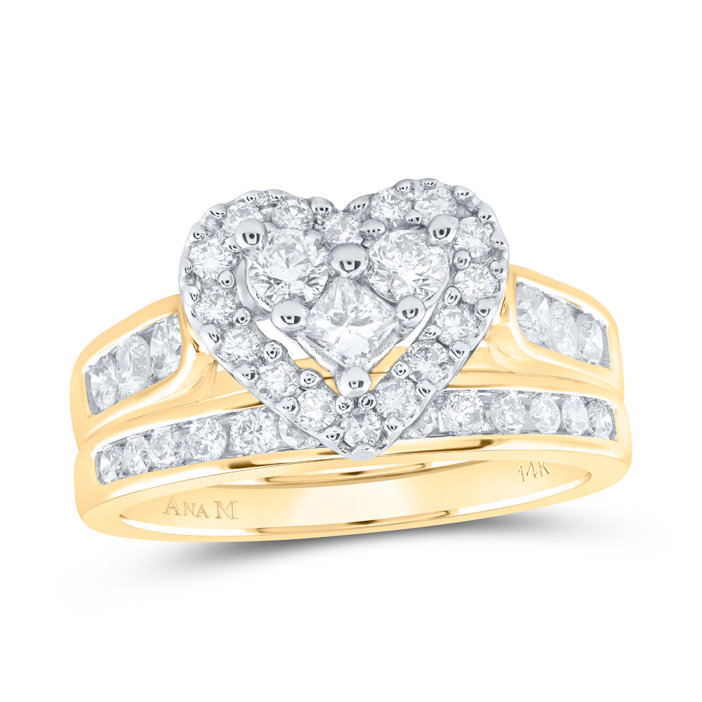 14k Yellow Gold Womens Round Princess Diamond Heart Wedding Bridal Ring Set 1.00 Cttw