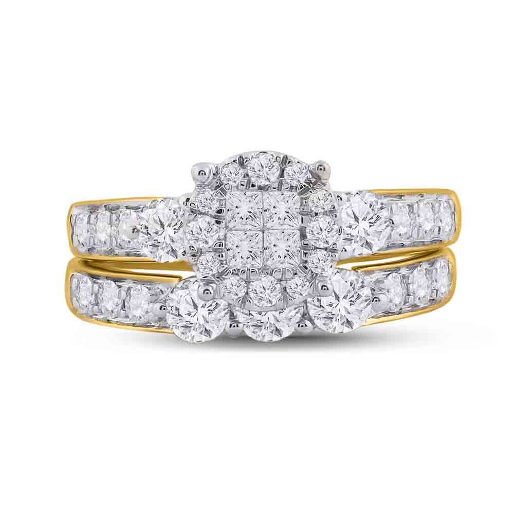 14kt Yellow Gold Womens Princess Diamond Bridal Wedding Engagement Ring Band Set 1-1/2 Cttw