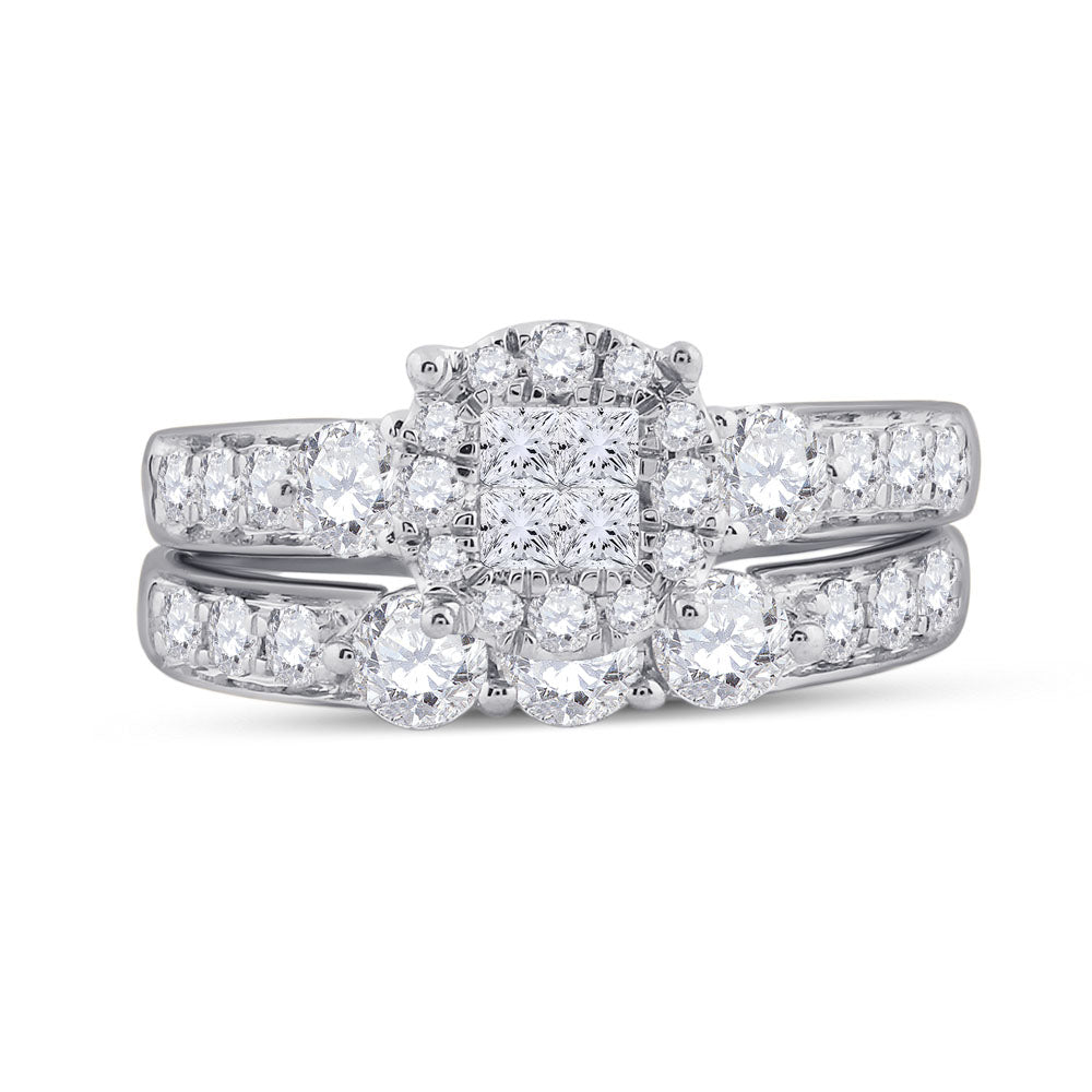 14kt White Gold Womens Princess Diamond Bridal Wedding Engagement Ring Band Set 1-1/2 Cttw