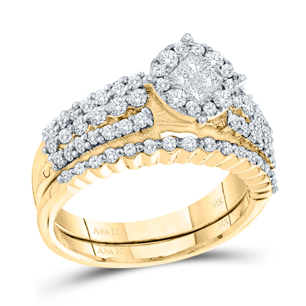 14kt Yellow Gold Womens Princess Diamond Bridal Wedding Engagement Ring Band Set 1-1/5 Cttw