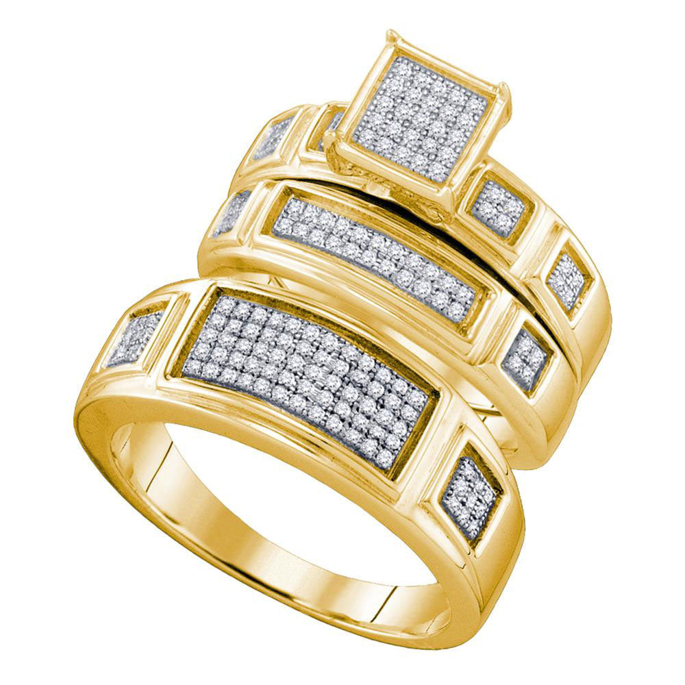 10kt Yellow Gold His Hers Round Diamond Cluster Matching Bridal Wedding Ring Band Set 3/8 Cttw