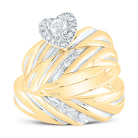 Load image into Gallery viewer, 10kt Yellow Gold His &amp; Hers Round Diamond Heart Matching Bridal Wedding Ring Band Set 3/8 Cttw
