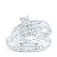 Load image into Gallery viewer, 10kt White Gold His &amp; Hers Round Diamond Square Cluster Matching Bridal Wedding Ring Band Set 1/5 Cttw
