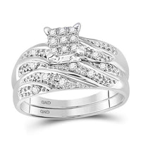 Load image into Gallery viewer, 14kt White Gold His &amp; Hers Round Diamond Cluster Matching Bridal Wedding Ring Band Set 1/3 Cttw
