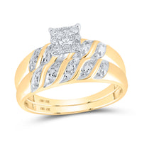 Load image into Gallery viewer, 10kt Yellow Gold His &amp; Hers Round Diamond Cluster Matching Bridal Wedding Ring Band Set 1/8 Cttw

