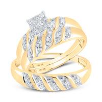 Load image into Gallery viewer, 10kt Yellow Gold His &amp; Hers Round Diamond Cluster Matching Bridal Wedding Ring Band Set 1/8 Cttw
