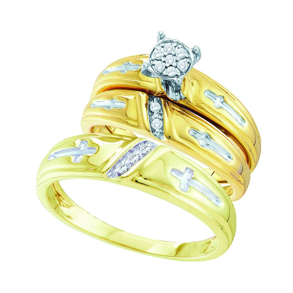 10kt Yellow Gold His Hers Round Diamond Cluster Matching Bridal Wedding Ring Band Set 1/10 Cttw