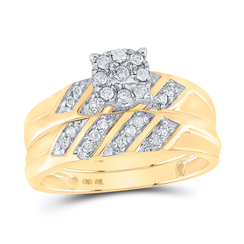 10kt Yellow Gold His & Hers Round Diamond Cluster Matching Bridal Wedding Ring Band Set 1/3 Cttw