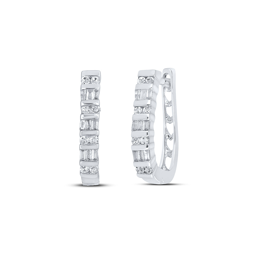 Sterling Silver Womens Baguette Diamond Fashion Hoop Earrings 1/3 Cttw