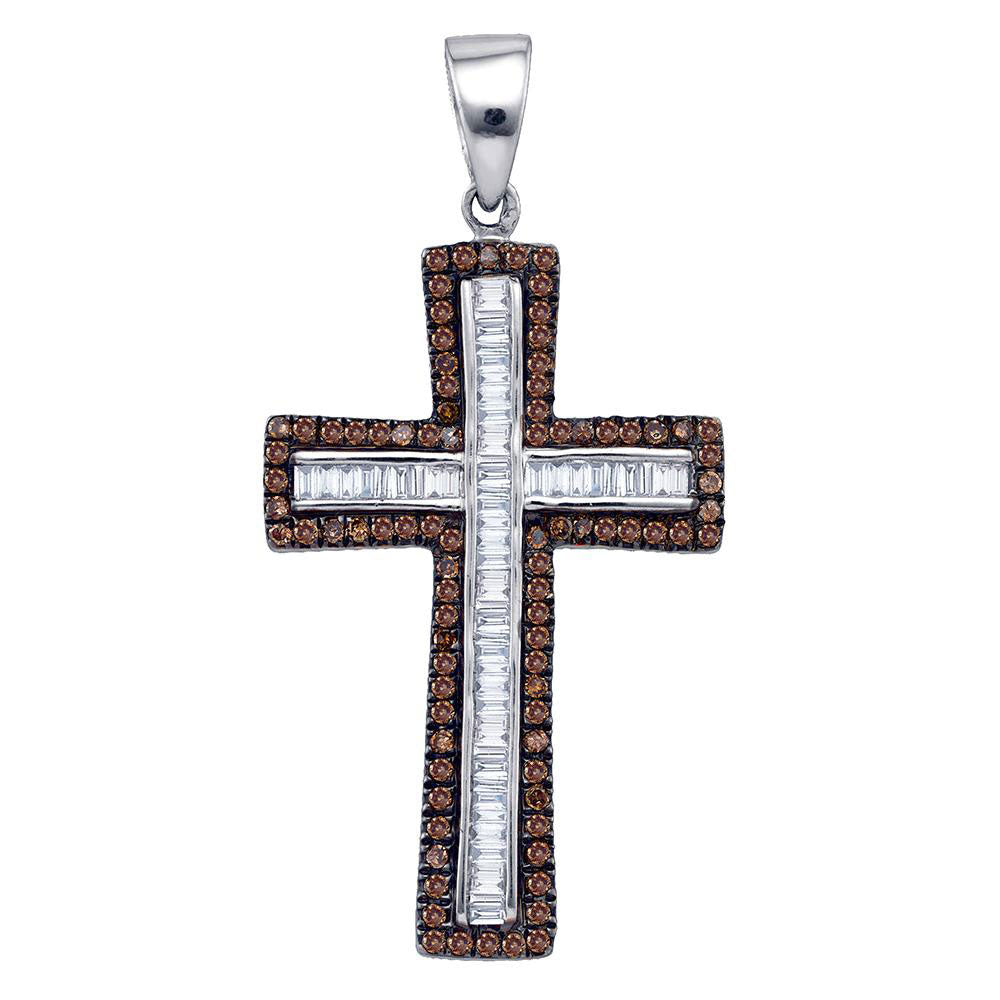 Sterling Silver Womens Round Brown Diamond Cross Outline Pendant 1.00 Cttw