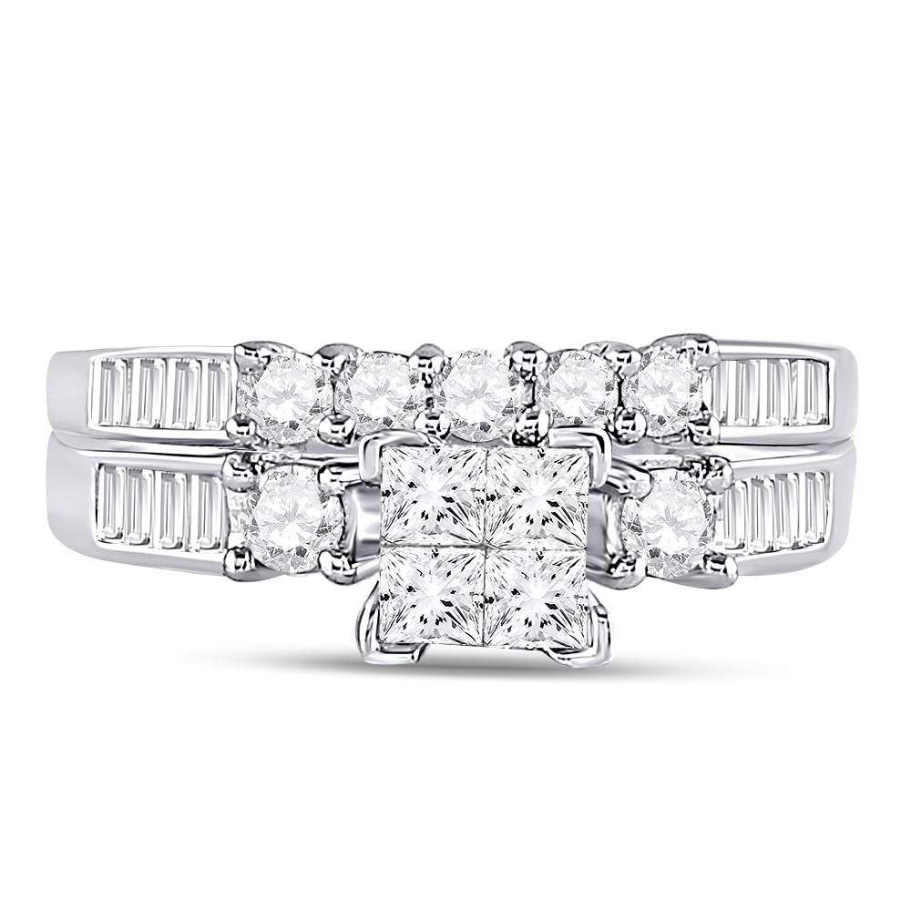 10kt White Gold Womens Princess Diamond Bridal Wedding Engagement Ring Band Set 7/8 Cttw