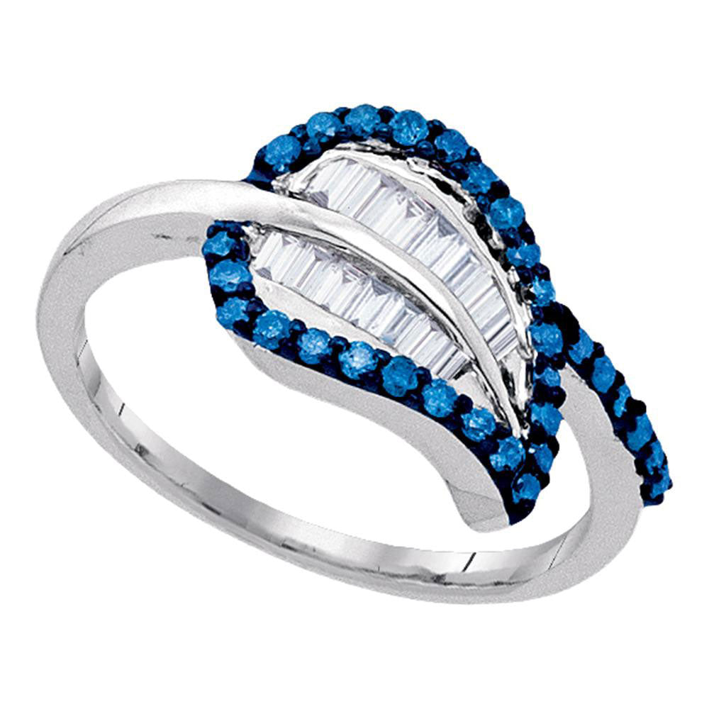 Sterling Silver Womens Round Blue Color Enhanced Diamond Leaf Cluster Ring 1/2 Cttw