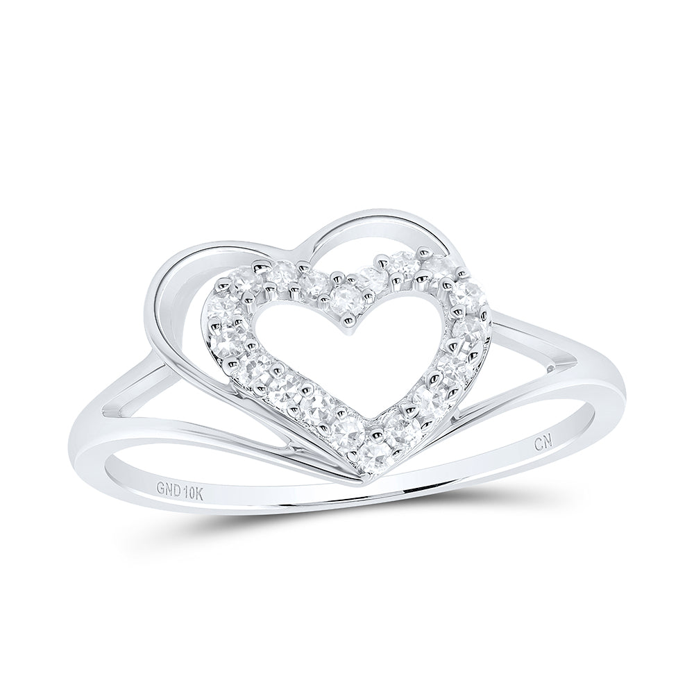 10kt White Gold Womens Round Diamond Double Nested Heart Ring 1/8 Cttw