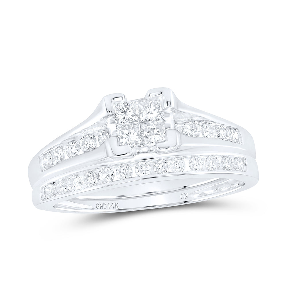 14kt White Gold Womens Princess Diamond Bridal Wedding Engagement Ring Band Set 1/2 Cttw