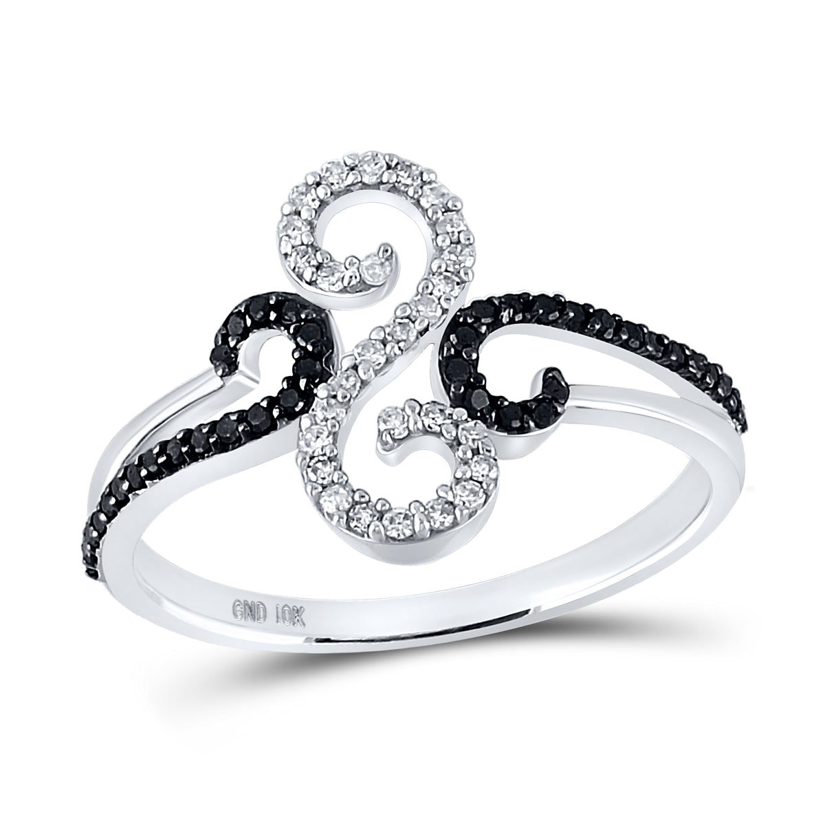 10kt White Gold Womens Round Black Color Enhanced Diamond Swirled Whimsical Band Ring 1/5 Cttw