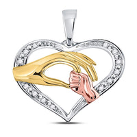 Load image into Gallery viewer, 10kt Tri-Tone Gold Womens Round Diamond Mom Mother Child Hands Pendant 1/12 Cttw
