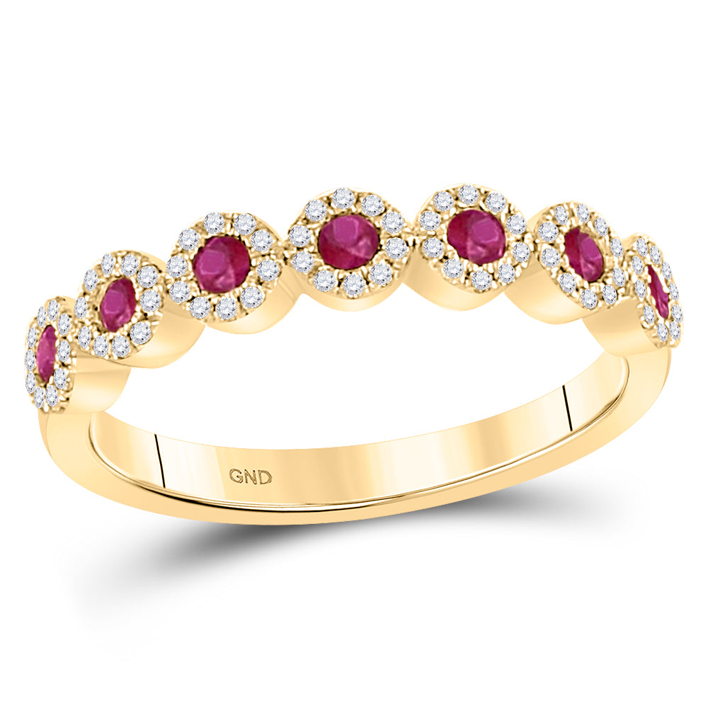 10kt Yellow Gold Womens Round Ruby Halo Stackable Band Ring 1/2 Cttw