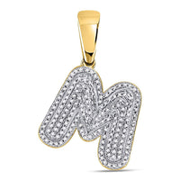 Load image into Gallery viewer, 10kt Yellow Gold Mens Round Diamond Letter M Bubble Initial Charm Pendant 1/2 Cttw
