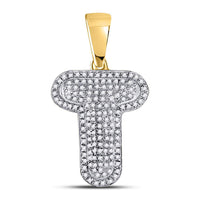Load image into Gallery viewer, 10kt Yellow Gold Mens Round Diamond Letter T Bubble Initial Charm Pendant 3/8 Cttw

