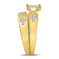 Load image into Gallery viewer, 10kt Yellow Gold His &amp; Hers Diamond Cross Matching Bridal Wedding Ring Band Set 1/12 Cttw
