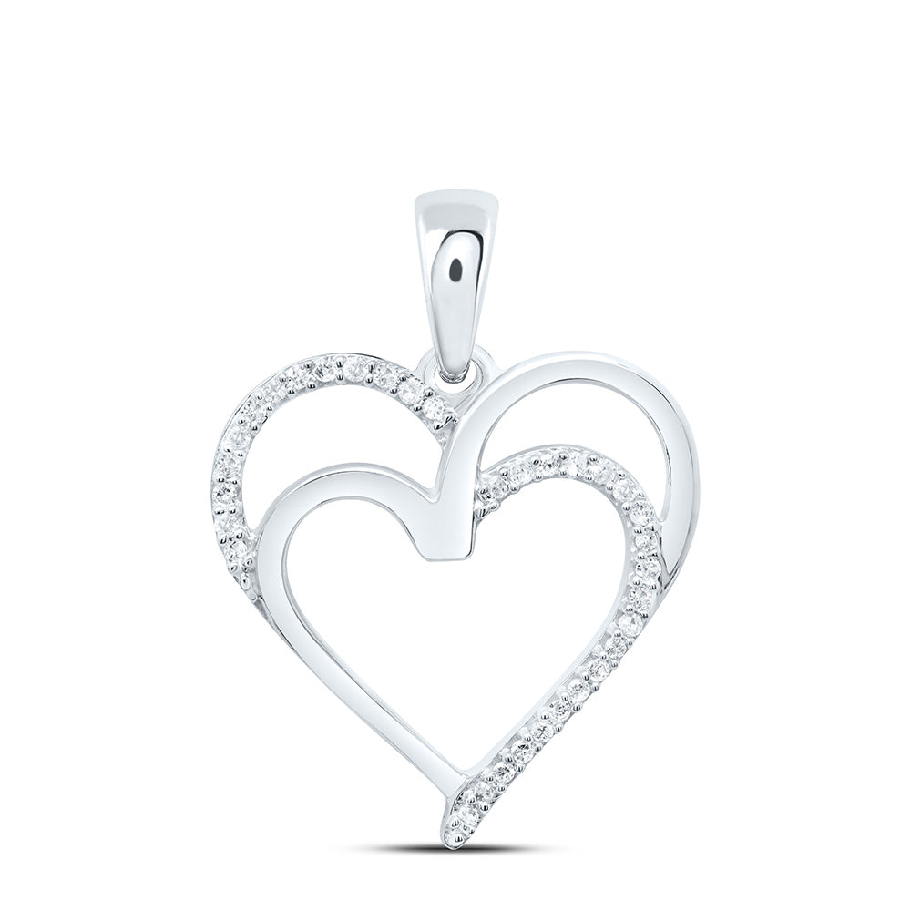 Sterling Silver Womens Round Diamond Double Heart Pendant 1/10 Cttw